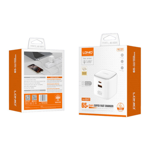 شاحن LDNIO Q2617 فائق السرعة بتقنية GaN بقدرة 65 واط، منفذي USB-C و USB-A | منفذان LDNIO Q2617 Super Fast GaN Charger 65W USB-C  & USB A | 2 Ports