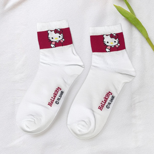 جوارب بيضاء بطبعة هيلو كيتي - أطراف حمراء داكنة White Hello Kitty Socks -Red& White Accents