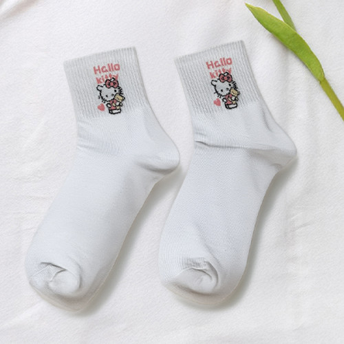 جوارب بيضاء بتفاصيل هيلو كيتي الوردية والرمادية White Hello Kitty Socks - Pink and Gray Accents