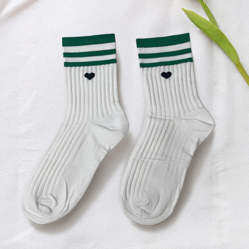 جوارب  بيضاء بشريط أخضر زيتوني وقلب أسود White Socks with Olive Green Stripe and Embroidered Black Heart