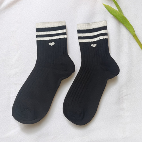 جوارب  سوداء بشريط أبيض وقلب أبيض Black Socks with White Stripe and Embroidered White Heart