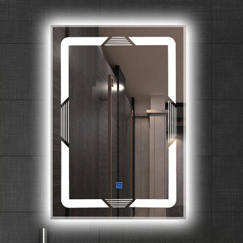 مرآة حمام LED مودرن بإطار هندسي مضيء ولمسة تشغيل – قياس 60×80 سم 60×80 cm Modern LED Bathroom Mirror with Geometric Light Frame & Touch Sensor