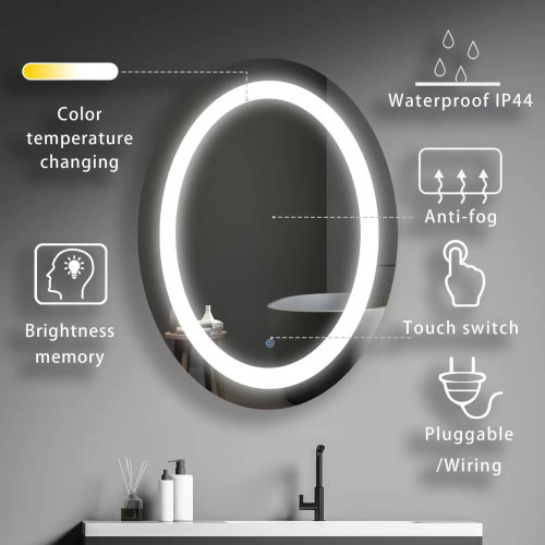 مرآة حمام LED بيضاوية قياس 70×50 سم مضادة للضباب Oval LED Bathroom Mirror 70×50 cm – Anti-Fog & 3 Color Lighting