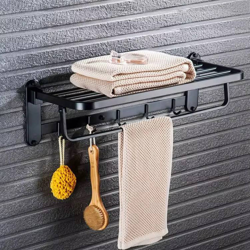 حامل مناشف جداري مع رف علوي وخطافات Wall Mounted Towel Rack with Shelf and Hooks