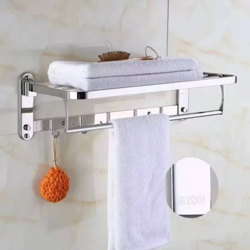 حامل مناشف جداري مع رف علوي وخطافات Wall Mounted Towel Rack with Shelf and Hooks