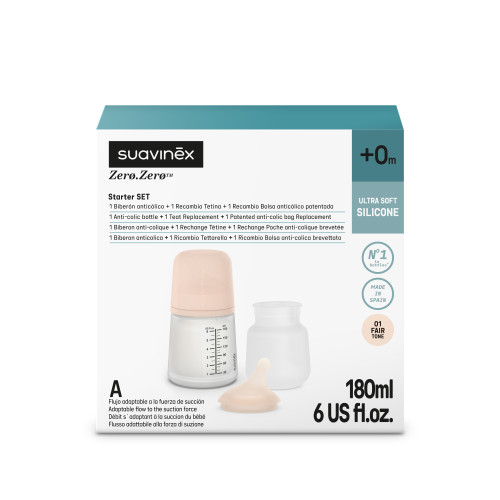 رضاعة مضادة للمغص ZERO ZERO بحلمة ذات تدفق قابل للضبط 180 ML + حلمة ذات تدفق قابل للضبط +  كيس مضاد للمغص من السليكون S PACK BREASTFEEDING BOTTLE 180ML SU EXP