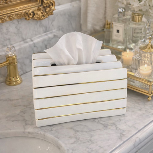علبة مناديل فرفوري ملكي - تصميم أبيض بتفاصيل ذهبية Royal Porcelain Tissue Box - White & Gold Luxury Design