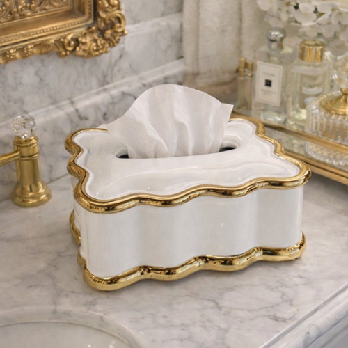 علبة مناديل فرفوري ملكي - تصميم أبيض بتفاصيل ذهبية Royal Porcelain Tissue Box - White & Gold Luxury Design