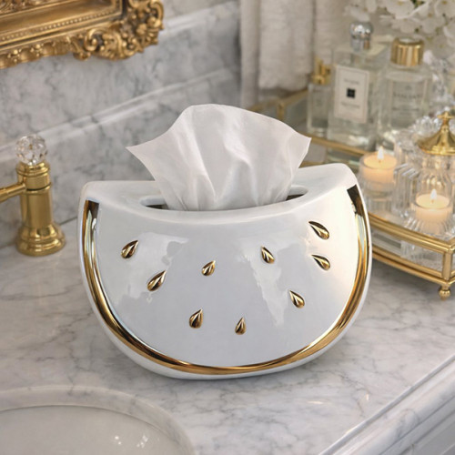 علبة مناديل فرفوري ملكي - تصميم أبيض بتفاصيل ذهبية Royal Porcelain Tissue Box - White & Gold Luxury Design