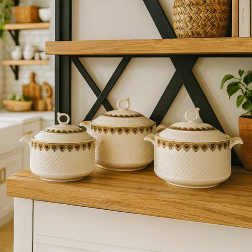 طقم قدور فرفوري بايركس مودرن - مقاوم للحرارة المباشرة والفرن Royal Porcelain Pyrex Pot Set - Direct Flame & Oven Safe (3 Pcs)