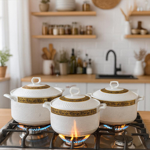 طقم قدور فرفوري بايركس مودرن - مقاوم للحرارة المباشرة والفرن Royal Porcelain Pyrex Pot Set - Direct Flame & Oven Safe (3 Pcs)