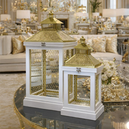 سيت فانوس ثنائي فاخر - مزيج الأبيض الملكي والذهبي المطفي Royal Duo Lantern Set - White & Gold Luxury Decor