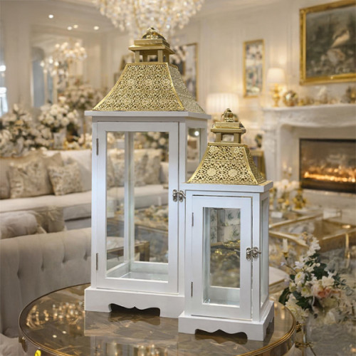 سيت فانوس ثنائي فاخر - مزيج الأبيض الملكي والذهبي المطفي Royal Duo Lantern Set - White & Gold Luxury Decor