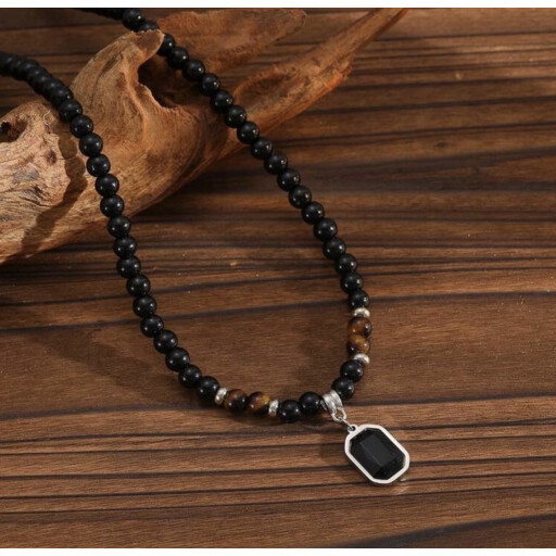 قلادة رجالية مربعة الشكل مزينة بخرز عين النمر، مناسبة للارتداء اليومي Men's Tiger Eye Beaded Square Mosaic Pendant Necklace, Suitable For Daily Wear