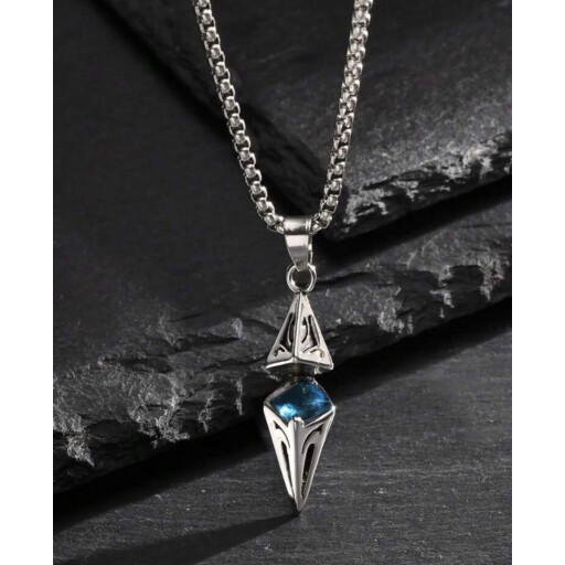 قلادة أنيقة للجنسين بحجر أزرق مع سلسلة من الفولاذ المقاوم للصدأ، بتصميم هندسي Fashionable Unisex Blue Stone Pendant Necklace With Stainless Steel Chain