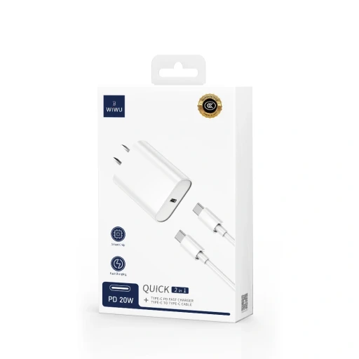مجموعة شاحن سريع WiWU طراز Wi-U001 مع كابل USB-C إلى Lightning وقابس UK Wiwu Wi-U001 C-L 20 PD Charger+ Cable Sets UK Plug+USB C to Lightning