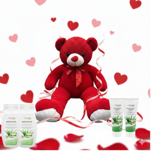 دب أحمر كبير مع باقة منتجات الألوفيرا للعناية بالبشرة (5 قطع) Red Big Teddy Bear with Aloe Vera Skin Care Collection (5-Pcs)