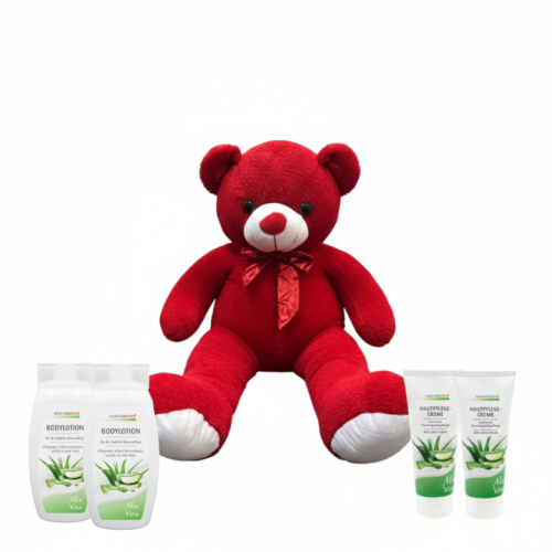 دب أحمر كبير مع باقة منتجات الألوفيرا للعناية بالبشرة (5 قطع) Red Big Teddy Bear with Aloe Vera Skin Care Collection (5-Pcs)