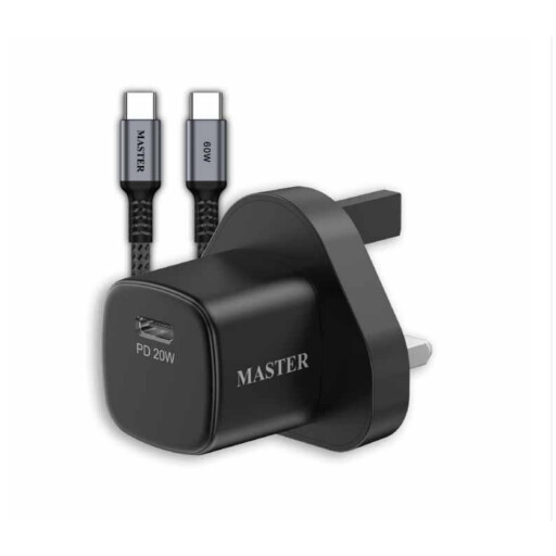 شاحن 20 واط ايفون MASTER PD 20W MINI CHARGER WITH CBALE 60W C to C - Black