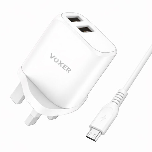 شاحن جداري فوكسر V-CH75 مزدوج USB سريع مع كيبل Micro-USB VOXER V-CH75 Dual USB Fast Wall Charger Set with Micro-USB Cable