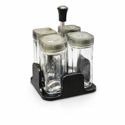 طقم علب بهارات زجاج مع حامل أنيق – 4 قطع Glass Spice Jar Set with Holder – 4 Pieces