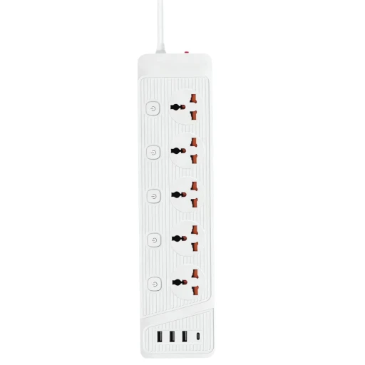 مقبس طاقة متعدد 5 مخارج مع 3 USB و1 USB-C - أبيض Multi Switch Universal Power Socket With 3 USB and 1 USB-C Charger - 5 Way Outlets - White