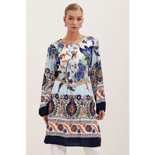 فستان 5902 فيسكوز بنقشة وحزام - أزرق كحلي 5902 Patterned Viscose Dress with Belt - Navy Blue