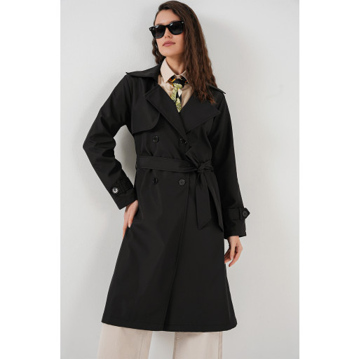 معطف ترنش 5918 بياقة متقاطعة - أسود 5918 Crossover Collar Trench Coat - Black
