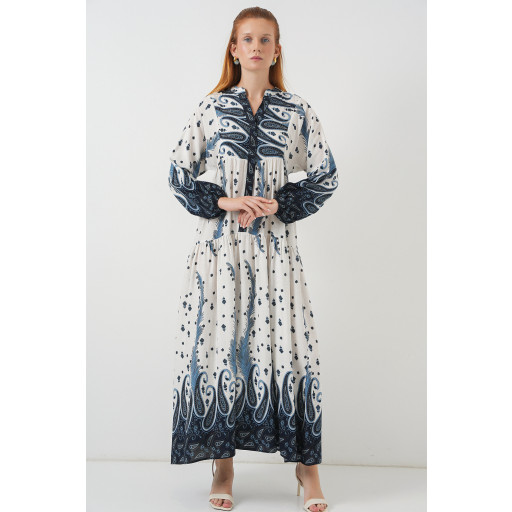 فستان نسائي طويل محتشم بنقشة - كحلي غامق 2585 Women's Patterned Long Modest Dress 2585 - Dark Navy