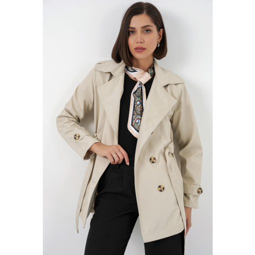 ترنشكوت نسائي قصير بحزام 5982 - بيج Women's Belted Short Trench Coat 5982 - Beige