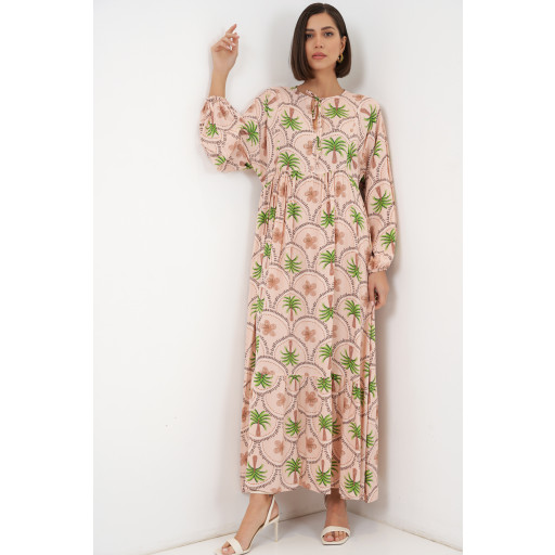 فستان نسائي محتشم بنقشة 2594 - بودرة Women's Patterned Modest Dress 2594 - Powder Pink