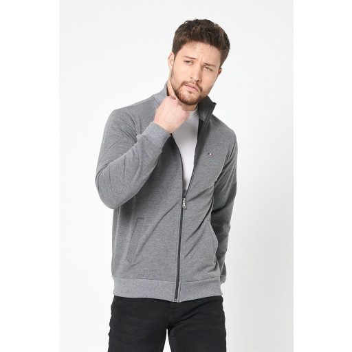 جاكيت رجالي أنثراسيت بقصة عادية بسحاب وتطريز وجيوب Men's Anthracite Regular Fit Zippered Cardigan with Embroidery and Pockets