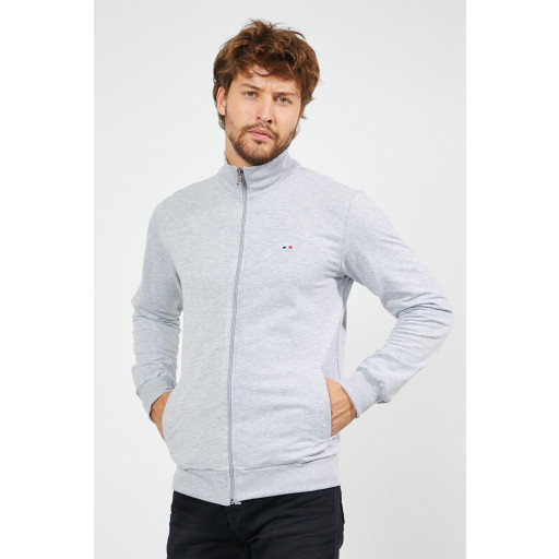 كارديجان رجالي رمادي بقصة عادية بسحاب وتطريز مع جيوب Men's Grey Regular Fit Zippered Cardigan with Embroidery and Pockets