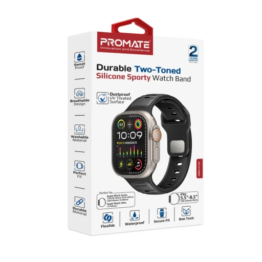 سوار ساعة رياضي متين من السيليكون بلونين Promate Watch Band For Apple Watch-Black