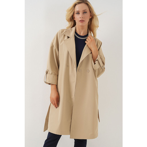 9104 معطف ترنش مبطن بياقة متقاطعة - بيج 9104 Lined Crossover Collar Trench Coat - Beige