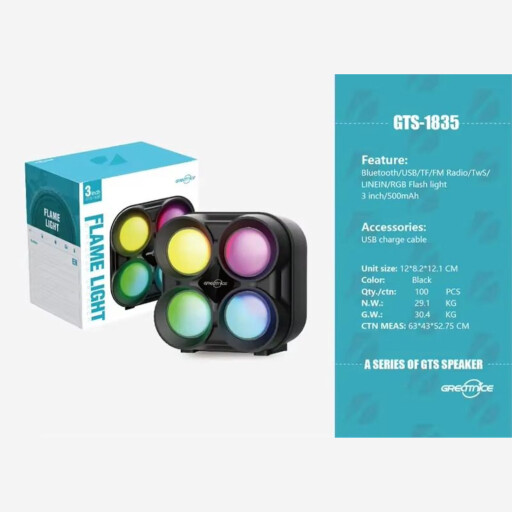 سماعة فليم لايت بلوتوث محمولة بإضاءة ملونة وصوت قوي Flamelight portable Bluetooth speaker with colorful lighting and powerful sound