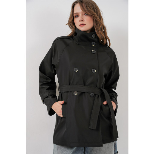 معطف ترنش نسائي قصير بياقة متقاطعة 5980 - أسود Women's Short Double-Breasted Trench Coat 5980 - Black