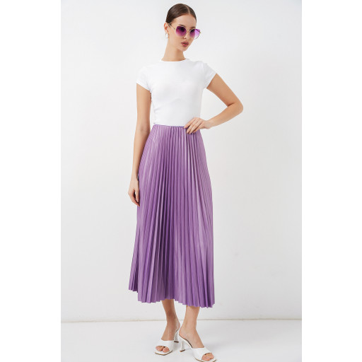 تنورة بليسيه بمظهر جلد 8009 - ليلكي 8009 Pleated Skirt with Leather Look - Lilac