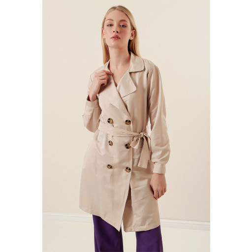 5864 ترنشكوت قصير بياقة متقاطعة - بيج 5864 Crossover Collar Short Trench Coat - Beige