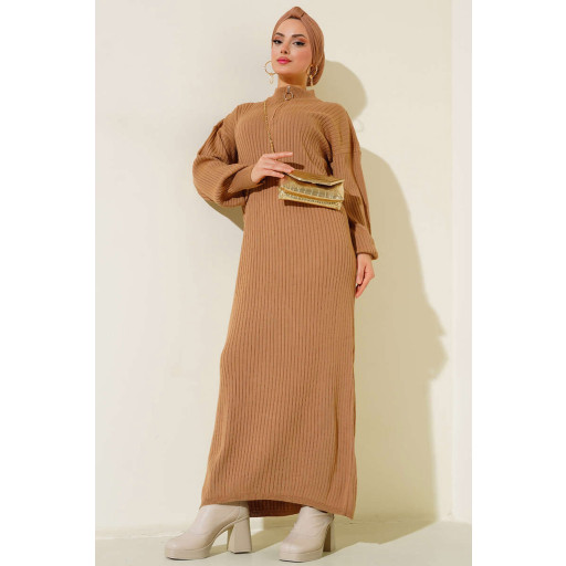 فستان تريكو طويل محتشم 15900 - لون توبا 15900 Full-Length Modest Knit Dress - Taba