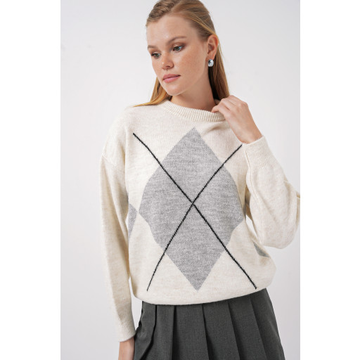 كنزة تريكو فضفاضة بنمط بقلاوة - رمادي غامق - 15895 15895 Baklava Pattern Oversize Knit Sweater - Dark Grey