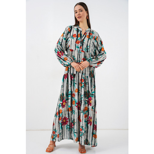 فستان نسائي طويل محتشم بنقشة - 2585 - ك. أنثراسيت Women's Patterned Long Modest Dress 2585 - K. Antrasit