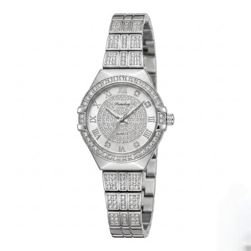 ساعة نسائية فضية فاخرة مرصعة بالزركون بلمسة ألماسية Silver-Tone Women's Watch with Full Zircon Pave Dial and Bezel