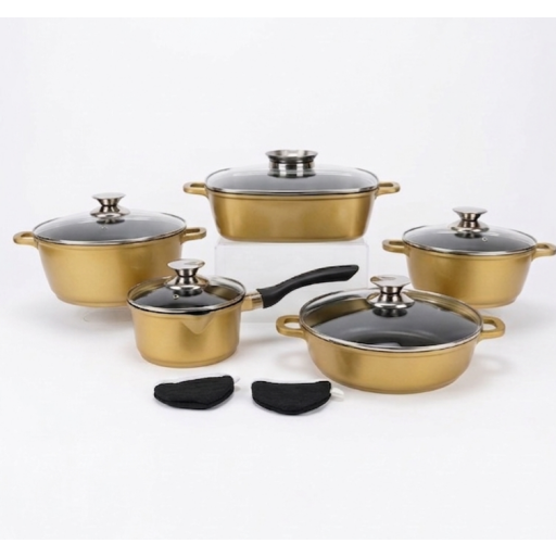 سيت أواني طهي ١٢ قطعة، لون الذهبي 12-piece cookware set, gold color