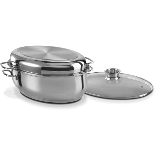 طبق تحميص بيضاوي 3 في 1، 38 سم، مقاوم للصدأ 18/8 ، فضي اللون 3-in-1 Oval Roasting Dish 38 cm Rustproof 18/8 Glass Silver