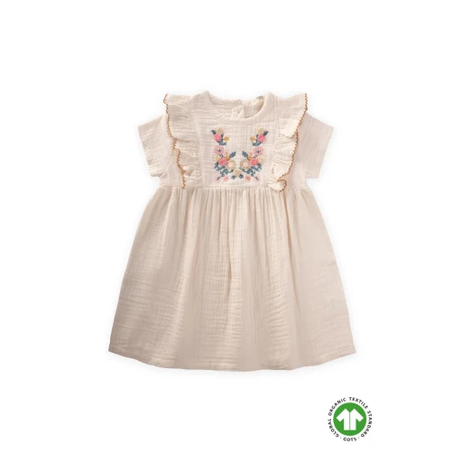 فستان أطفال من الموسلين العضوي بتطريز عرقي - طبيعي (1-7 سنوات) Ethnic Suzene Embroidered Organic Muslin Dress for Girls 1-7 Years - Natural