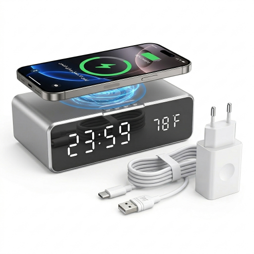 ساعة طاولة ذكية ألمانية مع شحن لاسلكي ومنبه وحرارة German smart table clock with wireless charging, alarm, and temperature display