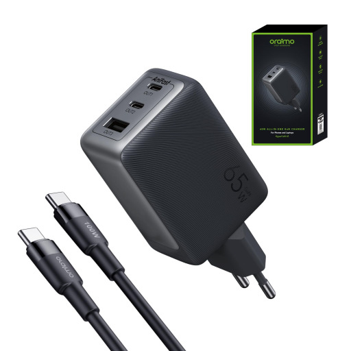 شاحن جداري 65 واط بثلاثة منافذ مع كابل USB‑C 100 واط HyperGaN 65W 3-Port Wall Charger with 100W USB‑C to USB‑C Cable