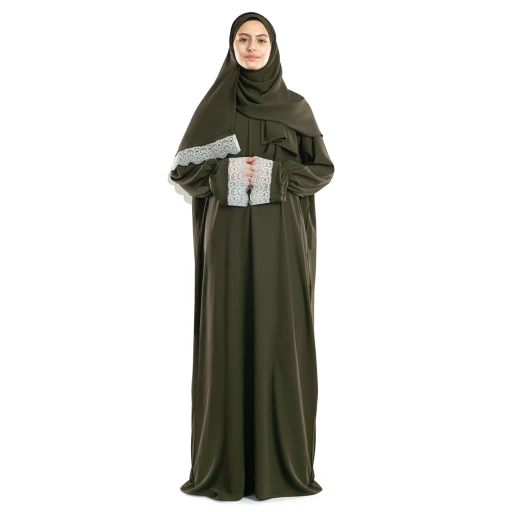 ملابس صلاة دانتيل لون زيتوني Evergreen Lace Islamic Prayer Wear