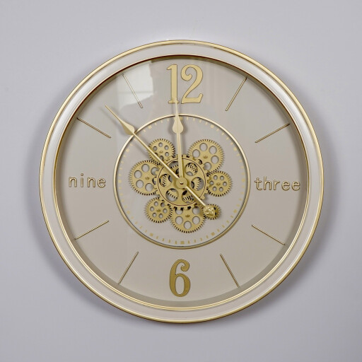 ساعة جدارية ميكانيك دائرية قطر 60 بيجي و ذهبي Mechanical Round Wall Clock 60cm Beige & Gold